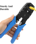 RJ45 Crimp Tool Kit For Cat5 And Cat5e Installations With 100 RJ45 Connectors in hand showing usage with cable