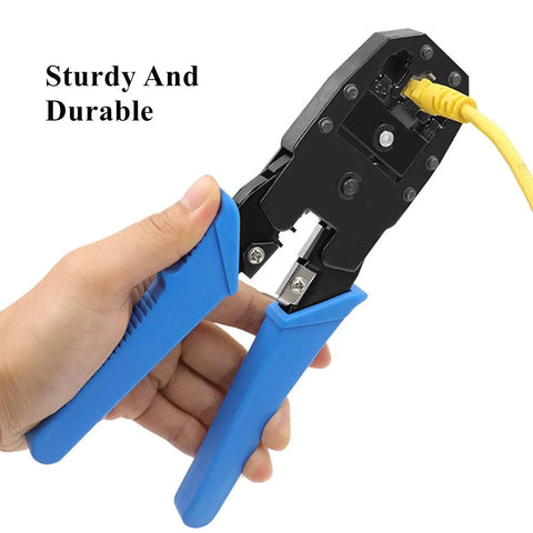 RJ45 Crimp Tool Kit For Cat5 And Cat5e Installations With 100 RJ45 Connectors in hand showing usage with cable