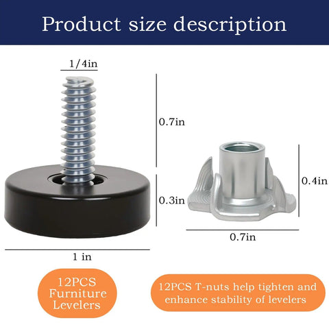 12 Pack One Quarter Inch Threaded Furniture Levelers With T Nuts And Non Slip Felt Pads For Tables Cabinets Chairs And Stool Legs Floor Protection Easy Install And Heavy Duty Adjustable Feet To Level And Protect Hardwood And Tile Floors