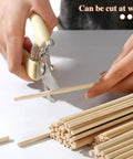 Person cutting Top Shelf Natural Wooden Dowel Rods 1/8 Inch By 12 Inches For Diy Crafts And Garage Works to desired length.
