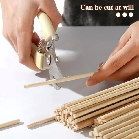 Person cutting Top Shelf Natural Wooden Dowel Rods 1/8 Inch By 12 Inches For Diy Crafts And Garage Works to desired length.