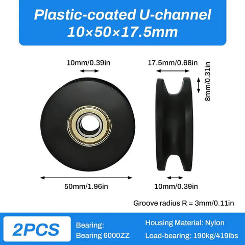 Two Piece U Groove Round Pulley 0.4x2.0x0.7in Nylon Coated Wheel With 380kg Load Capacity For Doors Windows Drawers Hardware Durable Sliding Support Smooth Operation For Quiet Reliable Sliding And Easy Installations, plastic-coated U-channel 10x50x17.5mm