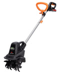 20V Cordless Garden Tiller Cultivator With 7.5 Inch Width, 6 Inch Depth, 4 Steel Tines, electric handle, black and orange design