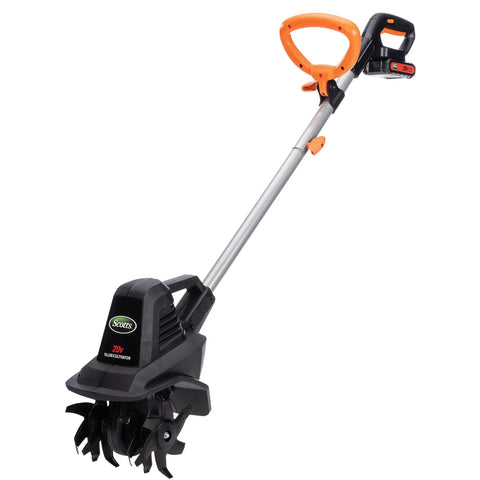 20V Cordless Garden Tiller Cultivator With 7.5 Inch Width, 6 Inch Depth, 4 Steel Tines, electric handle, black and orange design