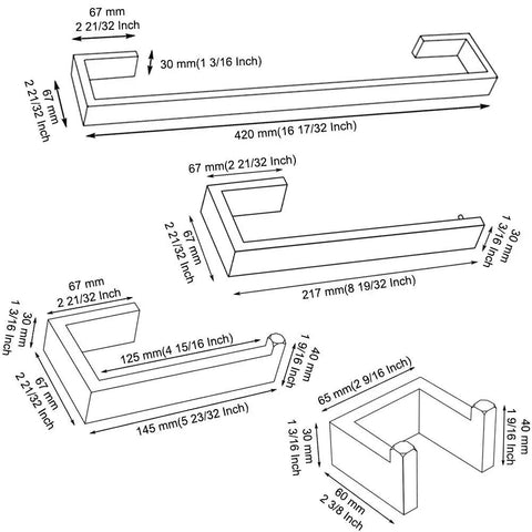 Diagram showing dimensions of Black Stainless 4 Piece Bathroom Hardware Set With 16.5 Inch Towel Bar Wall Mounted Built To Last Tough As Nails No Rust SUS304 Stainless Steel For Everyday Use In Master Baths And Powder Rooms.