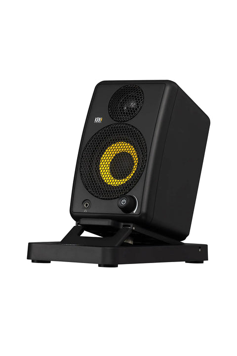 GoAux 3 3 Inch Portable Studio Monitors for travel and on the go recording, shown with stand and yellow speaker cone.