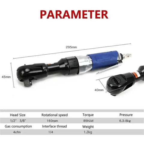 Badass Heavy-Duty 90 Degree Air Ratchet Wrench All Metal Right Angle Pneumatic Trigger 3/8 Drive Socket Wrench side view with dimensions.
