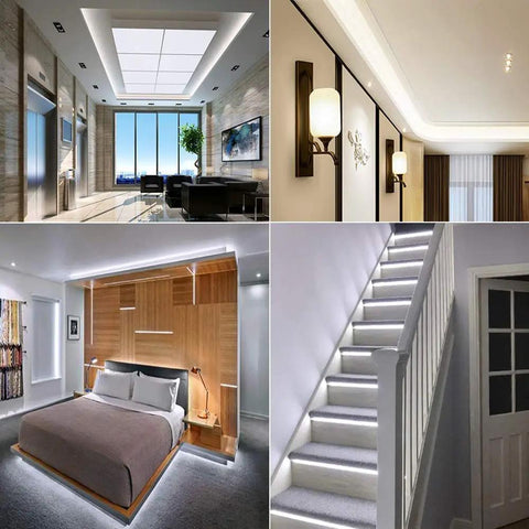 Lit 12V Cool White LED Strip Lights 6000K 6500K 16.4ft Flexible SMD5050 Rope Light creating ambience in various rooms