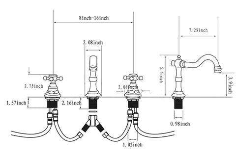 Diagram of 8 Inch Widespread Bathroom Sink Faucet With Two Handles And Three Holes Antique Brass Basin Mixer Tap dimensions and installation.