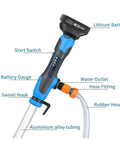 Killer Cordless Stick Water Transfer Pump Slinging 36Lpm With Ipx8 Waterproof Seal and Compatible Bl Series Batteries showing handle, battery gauge, and hose fittings.