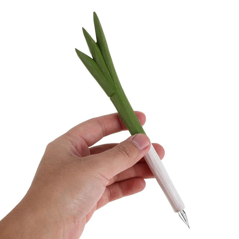 Hand holding Scallion Shape Wooden Gel Ink Two Piece Pen Set With Comfortable Grip And Easy Care Plastic Body, plant design.
