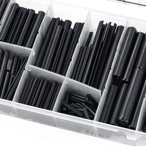 Assorted Slotted Spring Dowel Pins Kit, 450 Piece Set, Durable Spring Steel With Black Oxide Finish in organized case