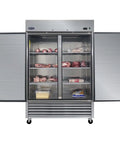 54 Inch Commercial Upright Freezer 49 Cu Ft Stainless Steel Reach In Workhorse With Six Heavy Duty Shelves Hella Efficient R290 Cooling open showing meat and food storage.