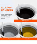 BestCosy portable battery-operated siphon pump; tubing in white bucket transferring oil, water, and gasoline.