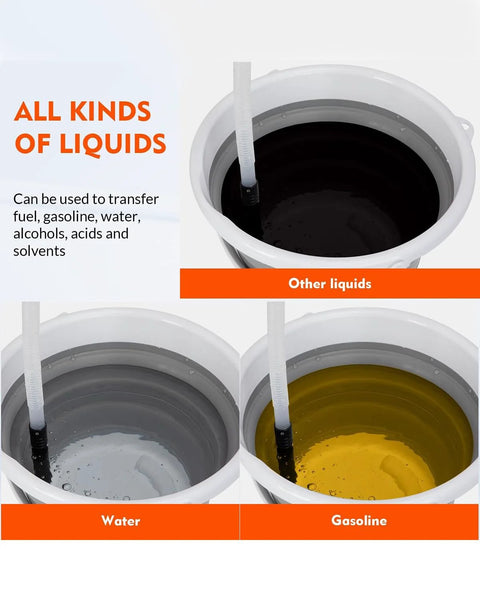 BestCosy portable battery-operated siphon pump; tubing in white bucket transferring oil, water, and gasoline.