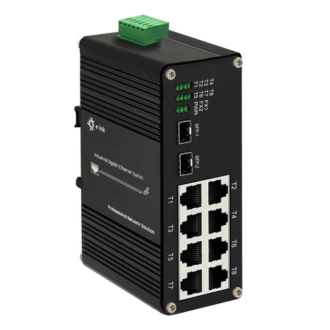 Beefy Industrial 8 Port Gigabit POE Plus Ethernet Switch With DIN Rail Mount, view of ports and rugged casing design