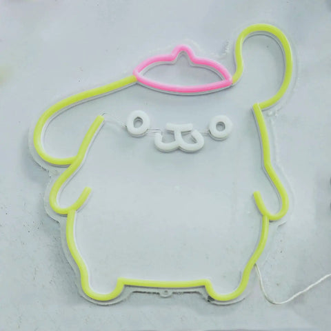 Pom Purin Neon Sign LED Light 3D Wall Art Cute Cartoon Dog Lamp Decor for Bedroom, Lemon Yellow Pink, 14 Inch