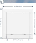 Heavy Duty Self Adhesive Access Panel 8X8 Drywall Hole Cover dimensions diagram with size labels for plumbing and ceiling use.