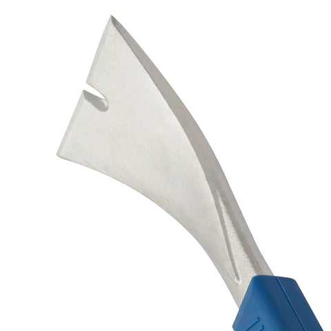 Close-up of Claw Molding Puller 10 Inch Pry Bar with forged steel claw and no slip cushion grip, visible nail slot.