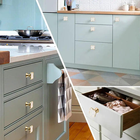 Six Pack Brass Four Leaf Clover Cabinet Knobs Set Gold Finish White Zinc Alloy Single Hole Mount For Cabinets Drawers Dressers Furniture Kitchen Wardrobe Bathroom Decorative Door Pulls on mint cabinets