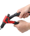 Heavy Duty Hand Rivet Nut Gun Set With Ergonomic Grip For M3, M4, M5, And M6 Inserts Includes Quick Release Screw For Easy Nut Separation And Durable Black And Red Finish Makes Fast Work Of Repair Projects. hand-held rivet nut tool with quick release and M3-M6 inserts