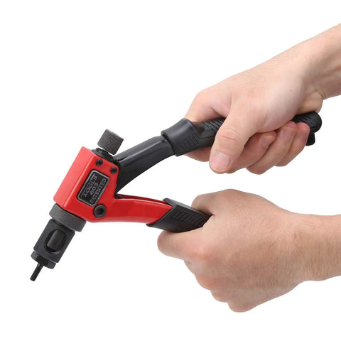 Heavy Duty Hand Rivet Nut Gun Set With Ergonomic Grip For M3, M4, M5, And M6 Inserts Includes Quick Release Screw For Easy Nut Separation And Durable Black And Red Finish Makes Fast Work Of Repair Projects. hand-held rivet nut tool with quick release and M3-M6 inserts