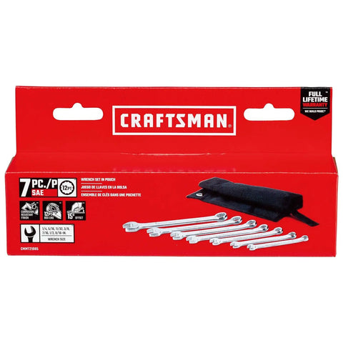 SAE Wrench Set In Pouch, 7-Piece With 12-Point Box End And 15 Degree Offset box packaging, includes pouch and wrenches