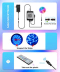 Installation steps for 65.6 Ft Waterproof LED Strip Lights with Remote, showing connections and unspooling process.