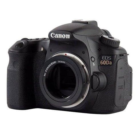 Canon camera with T Ring Adapter For Canon EOS DSLR Cameras With Standard T Thread Mount And Secure Bayonet Lock, viewed from front angle.