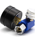 Kick Up Your Paint Game With This Tough As Nails Air Pressure Regulator For Hvlp Spray Guns And Shop Projects Featuring A Smooth Flow Dial And Zero Hassle Setup, featuring a black and blue design with brass connections.