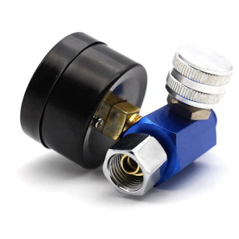 Kick Up Your Paint Game With This Tough As Nails Air Pressure Regulator For Hvlp Spray Guns And Shop Projects Featuring A Smooth Flow Dial And Zero Hassle Setup, featuring a black and blue design with brass connections.