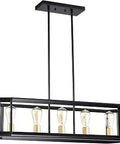 Five Light Kitchen Island Light Fixture In Burnished Brass Farmhouse Linear Chandelier With Adjustable Height Black Steel Frame