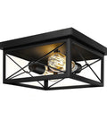 Industrial Two Light Retro Flush Mount Ceiling Light Fixture For Entryway Hallway Foyer And Cozy Living Spaces with black cage