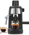 Front view of the Compact 3.5 Bar Espresso Machine With 800W Power, Steam Wand, Makes 4 Cups Cappuccino And Latte in black.