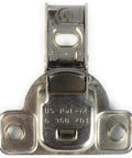 Front view of E Centra Nickel Plated 106 Degree Overlay Screw On Face Frame Hinge with 9/16 Inch Overlay showing screw holes