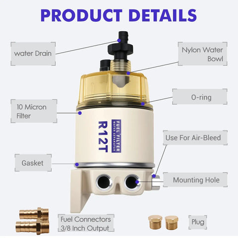 Marine Fuel Water Separator Filter Kit With 10 Micron Replacement For Outboard Engines, Fits Gasoline And Diesel, Easy Spin On Design, Includes Two Fittings And Two Plugs, Replaces S3240 120AT 18 7987 And More