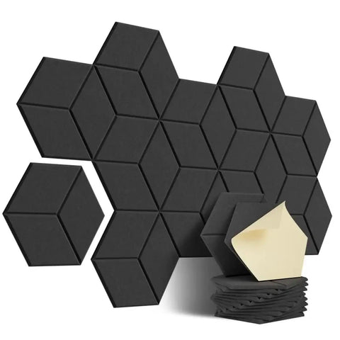 Twelve Pack Hexagonal Foam Soundproof Wall Panels Boost Your Home Theater Or Recording Studio With Sleek Design Block Echo For A Smooth Vibe And Crystal Clear Audio Game Changer Daily shown mounted and stacked.
