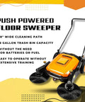 Heavy Duty 38 Inch Walk Behind Floor Sweeper With Triple Brush Setup And Twelve Gallon Hopper Crushes Debris Fast On Concrete And Asphalt Like A Champ For Warehouses, featuring a bright orange design.