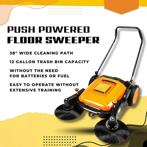 Heavy Duty 38 Inch Walk Behind Floor Sweeper With Triple Brush Setup And Twelve Gallon Hopper Crushes Debris Fast On Concrete And Asphalt Like A Champ For Warehouses, featuring a bright orange design.