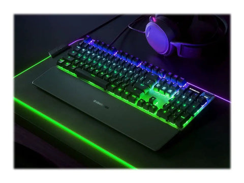 Top Shelf Mechanical Gaming Keyboard Featuring Heavy Duty Aluminum Chassis And Smart Display For Live Game Stats with RGB lighting and wrist rest.