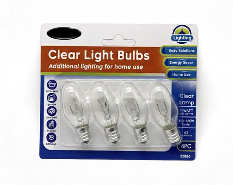 Clear Night Light Bulbs Pack Of Four With Five Or Seven Watt 120 Volt C7 And E12 Base 10 To 18 Lumens Ideal For Chandeliers Wall Lights