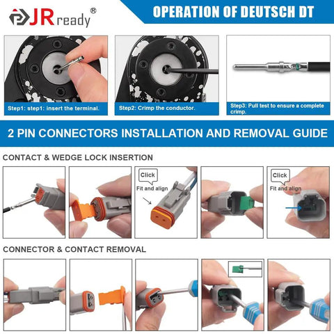 Illustration of DT Waterproof 2 Pin Connector Kit With 14-20 AWG Solid Contacts operation guide, JR ready brand.