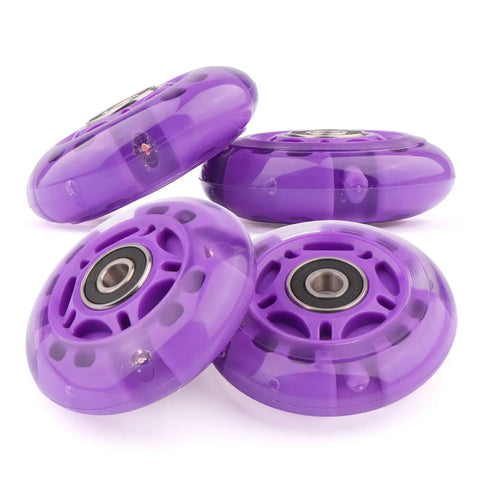 Purple Flashing 70mm Inline Skate Wheels Set for Kids and Beginners, 8 Pack LED Light Up Wheels for Indoor and Outdoor Use.