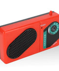 Red electronic DIY radio kit with 3V 6 tube S66E classic circuit, visible front input transformer and dial, hands on friendly
