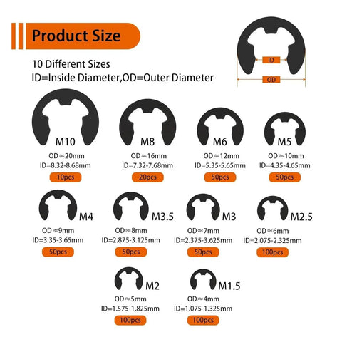 580 Piece Pro Grade 65Mn Steel E Type Retaining Rings Set for Small Shafts M1.5 to M10, Circlips for Precision Instruments, Gauges and Repair Kits, Black Finish, Heavy Duty Fixing Hardware sizes chart