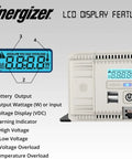Close-up of LCD display features on Heavy Duty 2000 Watt Pure Sine Wave Power Inverter showing battery output and wattage.