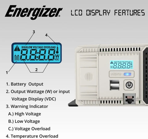 Close-up of LCD display features on Heavy Duty 2000 Watt Pure Sine Wave Power Inverter showing battery output and wattage.
