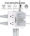 Knockout Ten Foot Extension Cord With Eight Separate Outlets And Four Fast USB Charging Ports Including Two USB C Plugs Compact Three Sided Surge Protector Power Strip showing eight AC outlets and USB ports.