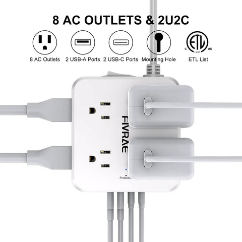 Knockout Ten Foot Extension Cord With Eight Separate Outlets And Four Fast USB Charging Ports Including Two USB C Plugs Compact Three Sided Surge Protector Power Strip showing eight AC outlets and USB ports.