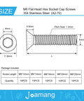M6 Flat Head Hex Socket Cap Screws Assortment Kit 50Pcs Stainless Steel 304 with metric measurements and size chart